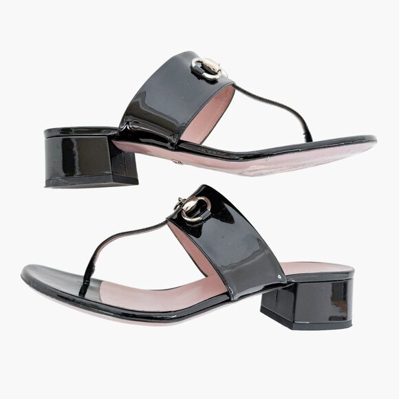 Gucci Lilane Horsebit Thong Sandals EU 37.5 US 7.5 Black Patent Low Block Heel - Picture 7 of 11